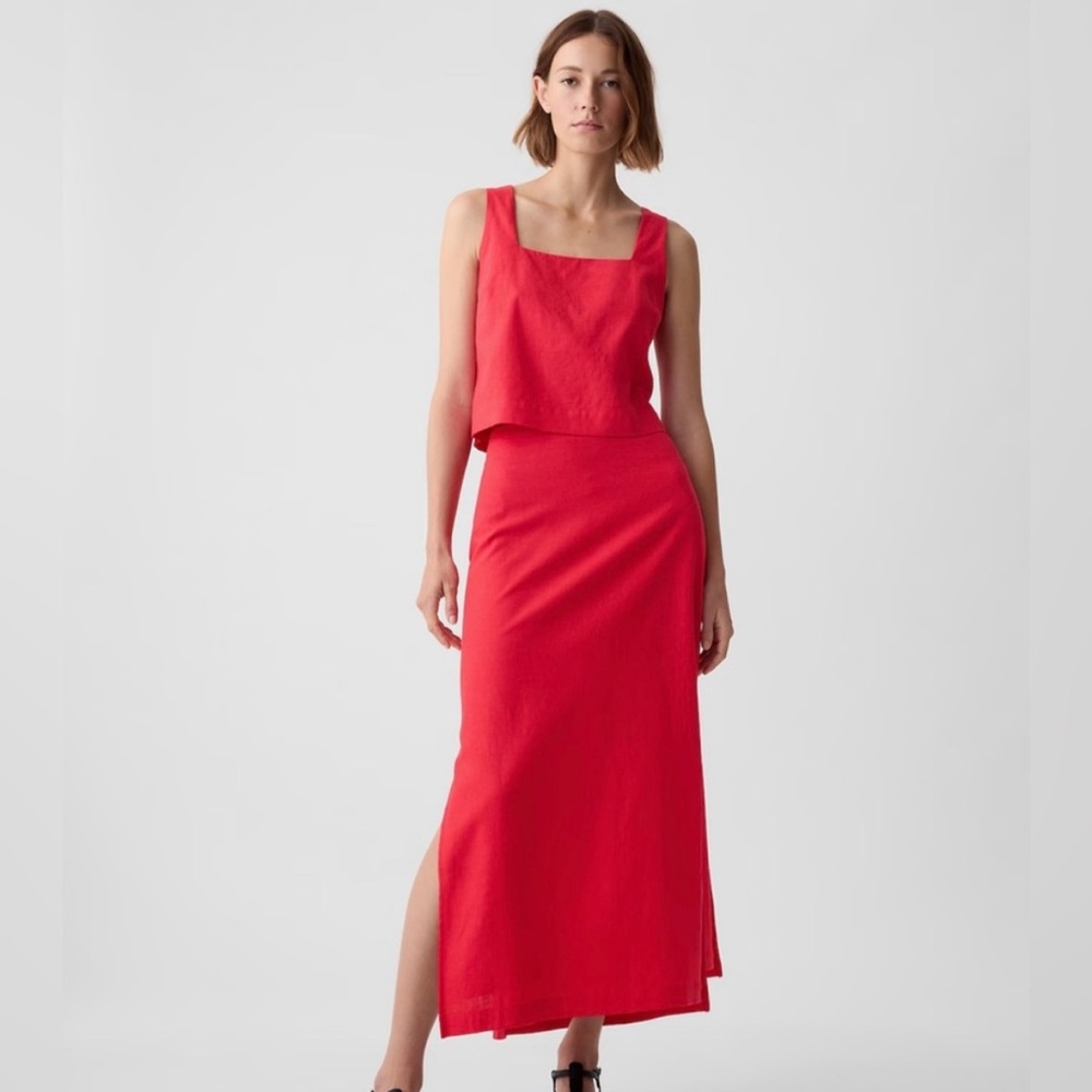 Gap Women's XL Basic Solid Linen-Blend Maxi Skirt Red Side Slit